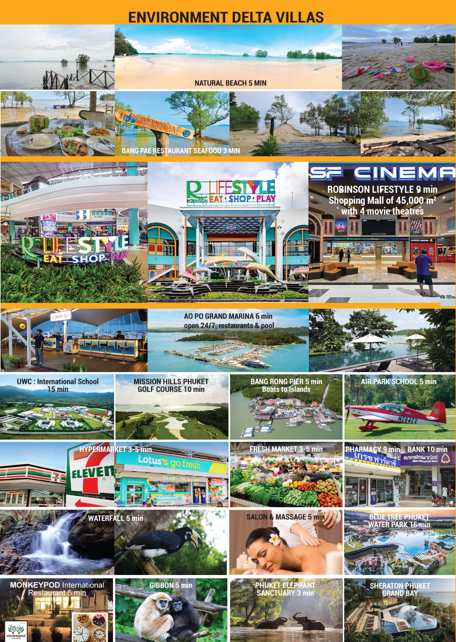 Around Delta Villas: natural beach, Ao Po Grand Marina, Robinson mall, schools, waterfall and elephant sanctuary